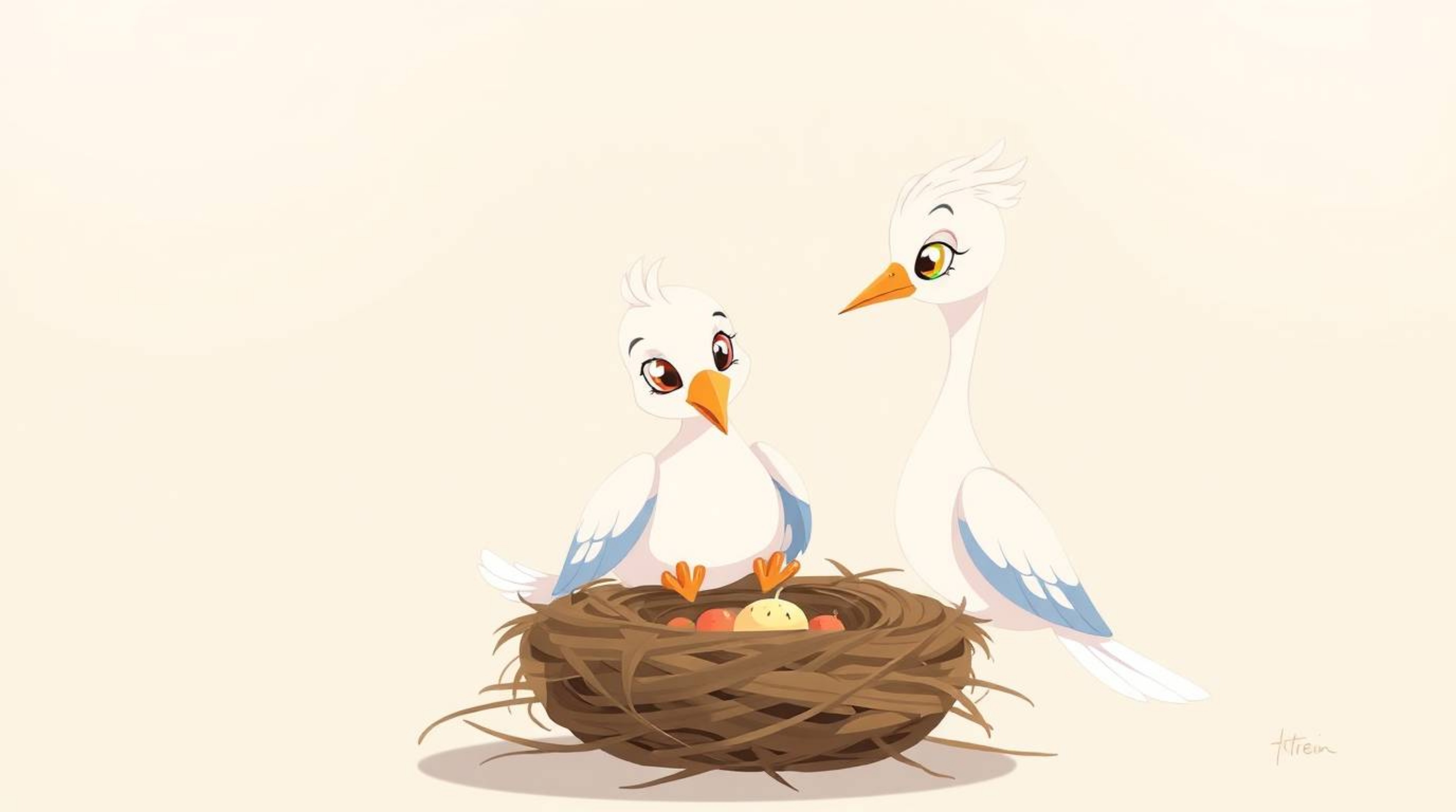 Delightful cartoon birds, rendered in a classic animation style with soft pastel colors, create a gentle and soothing atmosph
