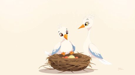 Delightful cartoon birds, rendered in a classic animation style with soft pastel colors, create a gentle and soothing atmosph