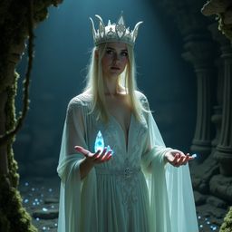 In a dark, damp cavern, a statuesque and mystical sorceress with an ethereal presence casts a spell. Adorned with an intricat