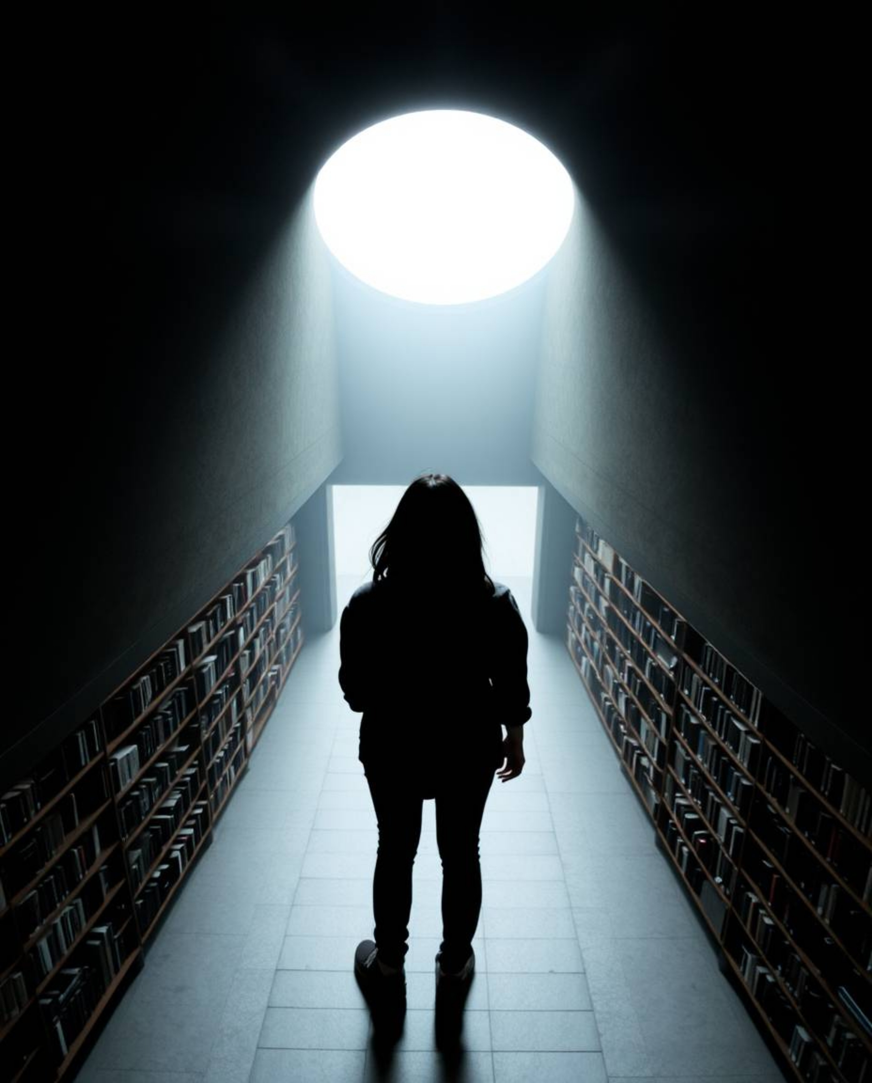 Discover the allure of a hidden underground library through a captivating overhead bird's eye view. A silhouetted figure with