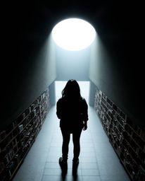 Discover the allure of a hidden underground library through a captivating overhead bird's eye view. A silhouetted figure with