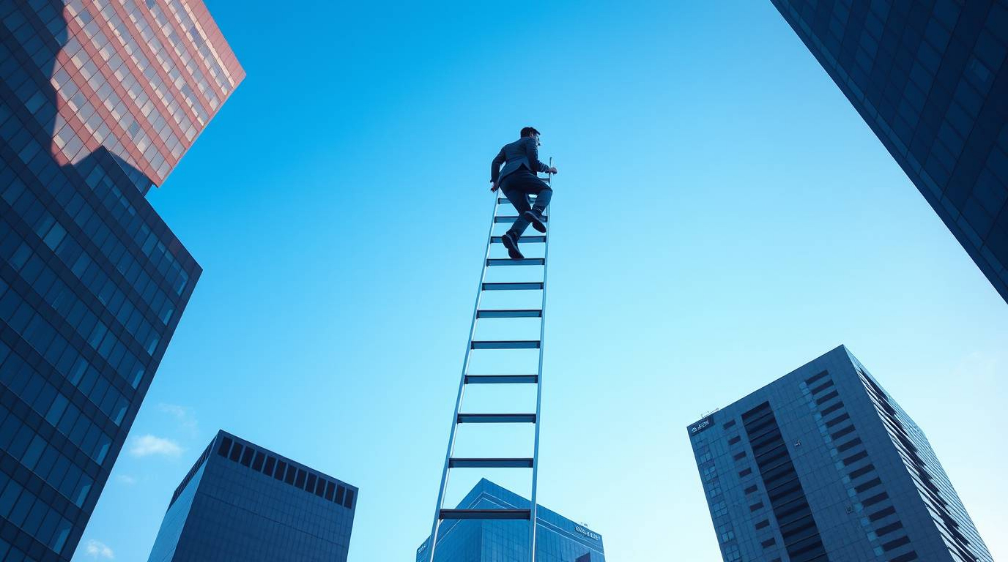 This high-resolution stock photo captures an abstract concept of success, depicting a businessperson climbing a transparent l