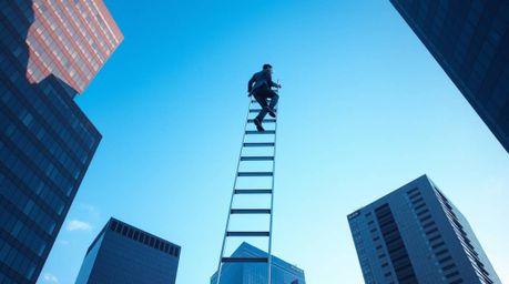 This high-resolution stock photo captures an abstract concept of success, depicting a businessperson climbing a transparent l