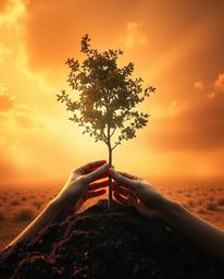 A captivating image depicting hands planting a tree beneath a breathtaking golden sky. The scene is infused with warm, mystic