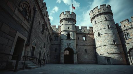 A stunning architectural color photograph capturing a thief's audacious attempt to infiltrate a heavily guarded castle. The i