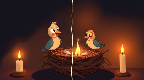 A charming scene featuring two cartoon birds diligently building a nest, illuminated by the warm, flickering glow of candleli