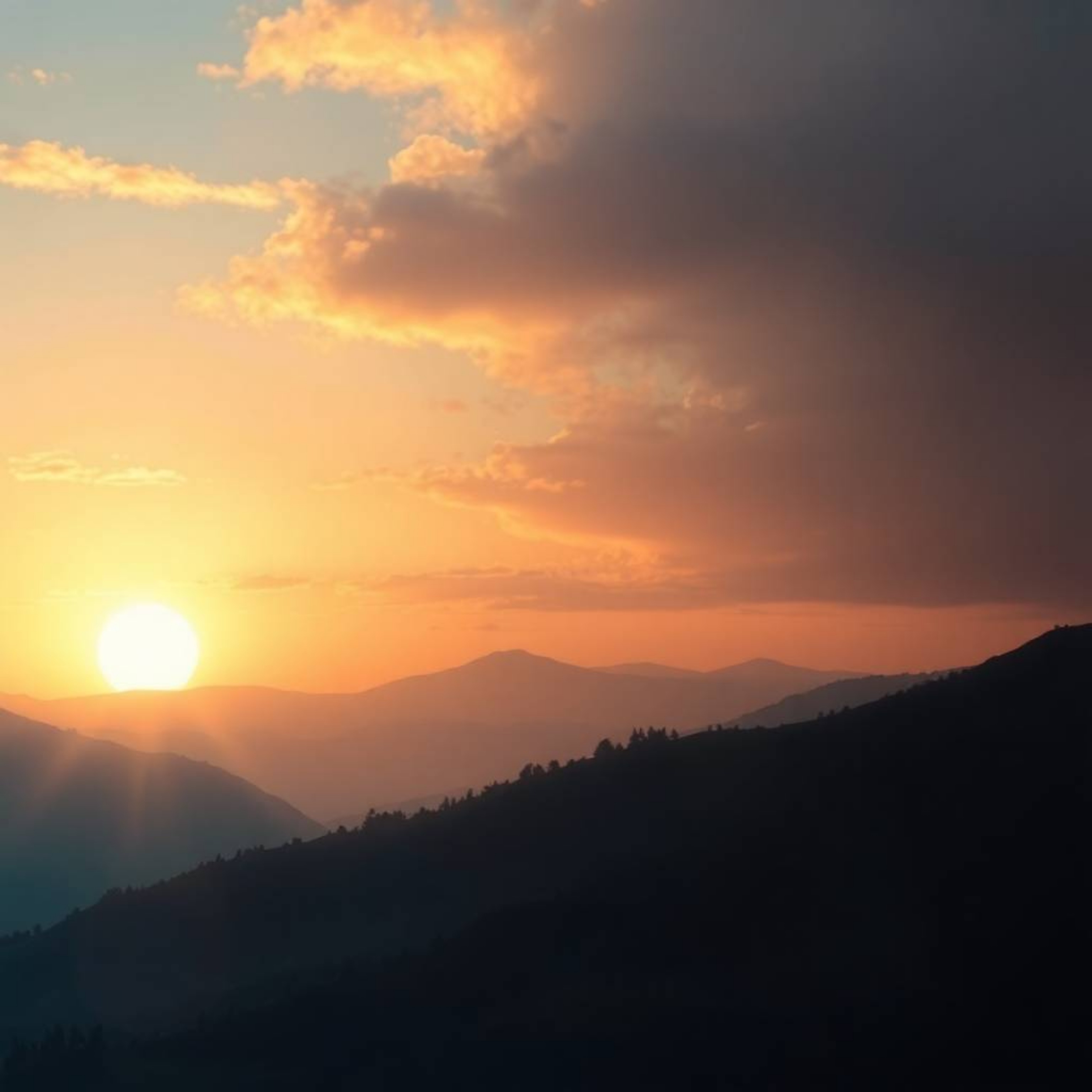 A stunning piece of digital artwork showcases a serene sunset over a tranquil mountain valley.  The image employs creative ar