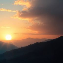 A stunning piece of digital artwork showcases a serene sunset over a tranquil mountain valley.  The image employs creative ar