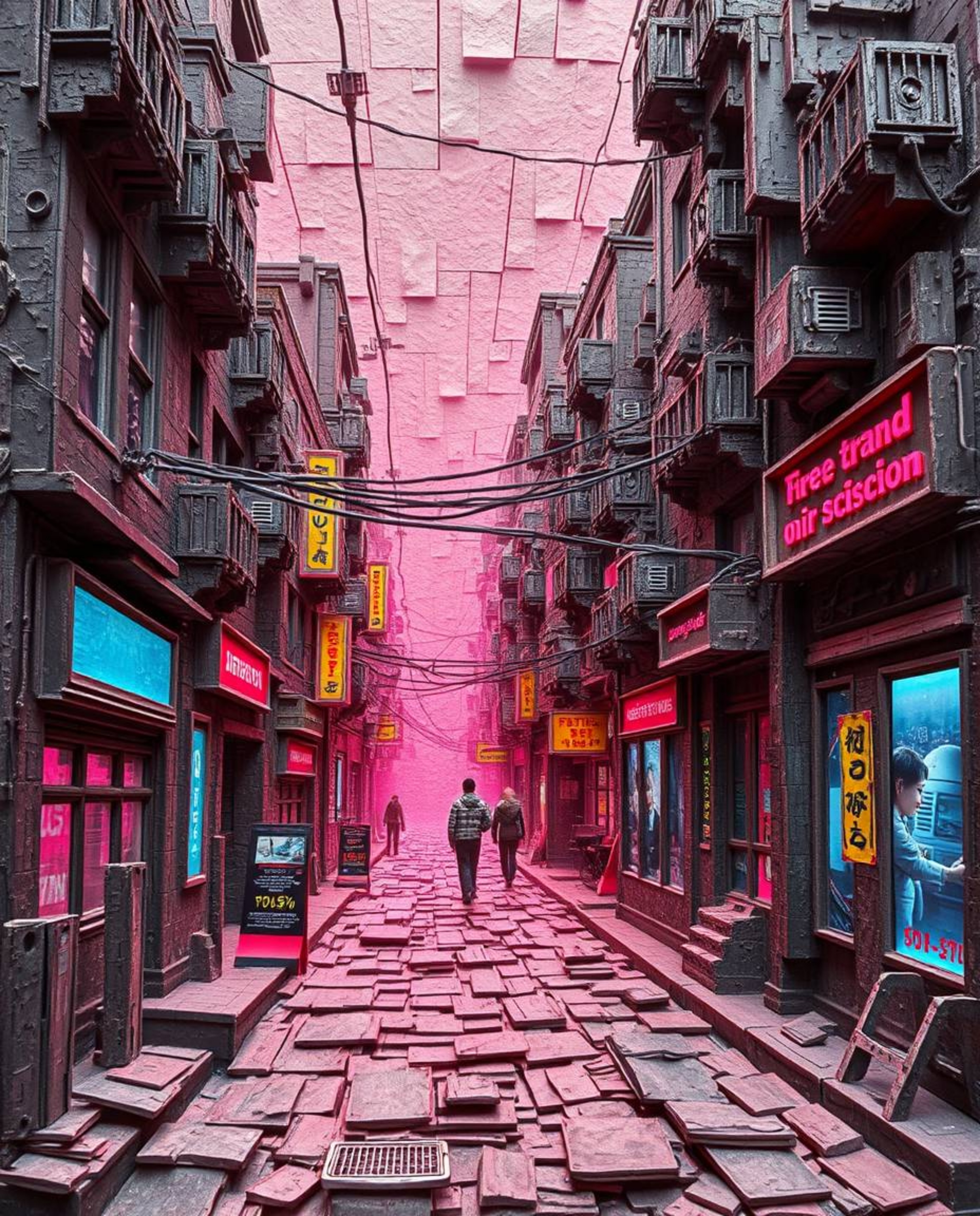Explore a captivating layered papier-mâché sculpture that visualizes a pixelated glitch effect within a vibrant cyberpunk str