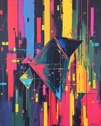 This bold acrylic painting showcases glitched geometric shapes floating in a cyberspace matrix. The artwork features vibrant 