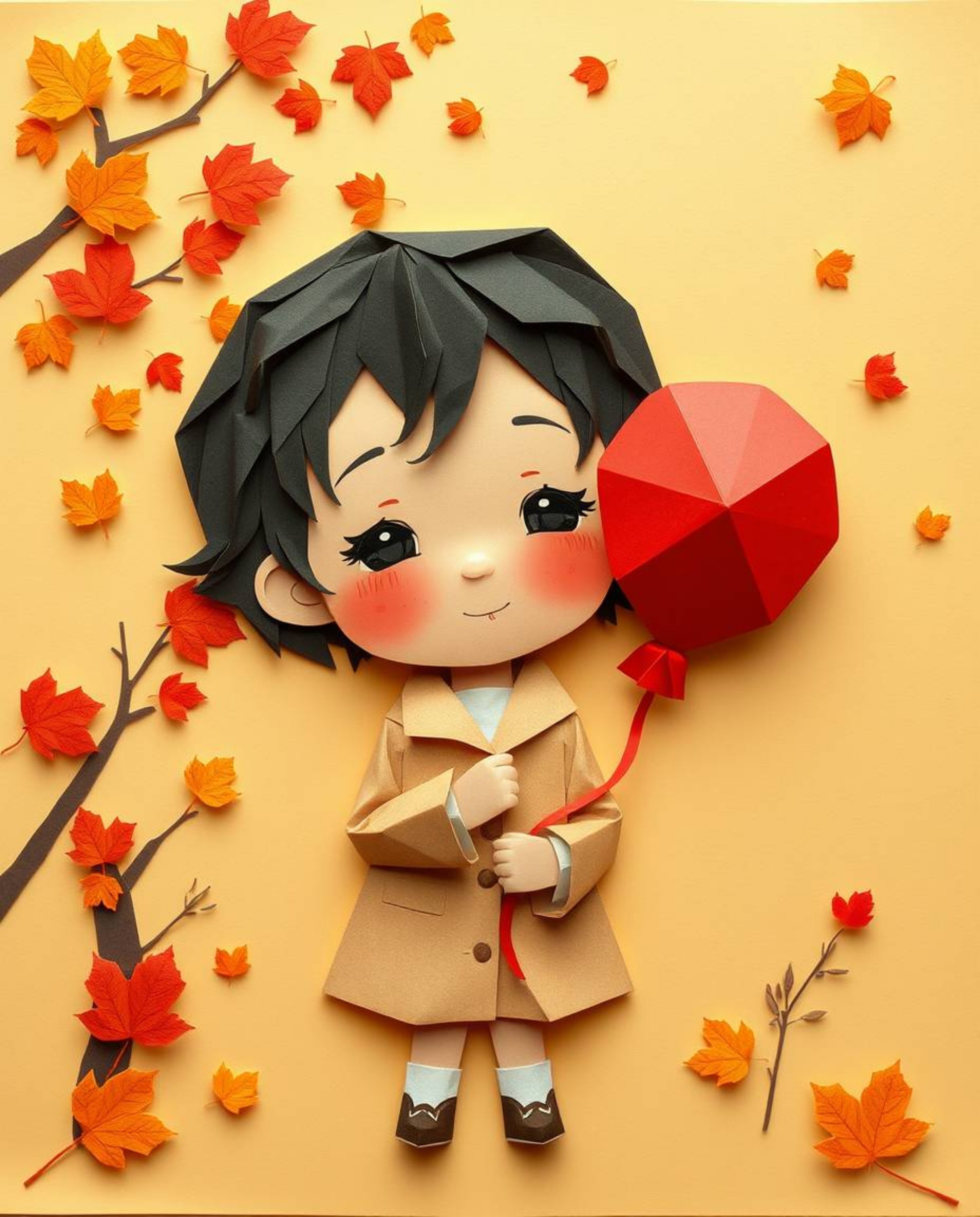 This artwork features an intricate origami-style illustration with warm autumnal hues, depicting a child with rosy cheeks and