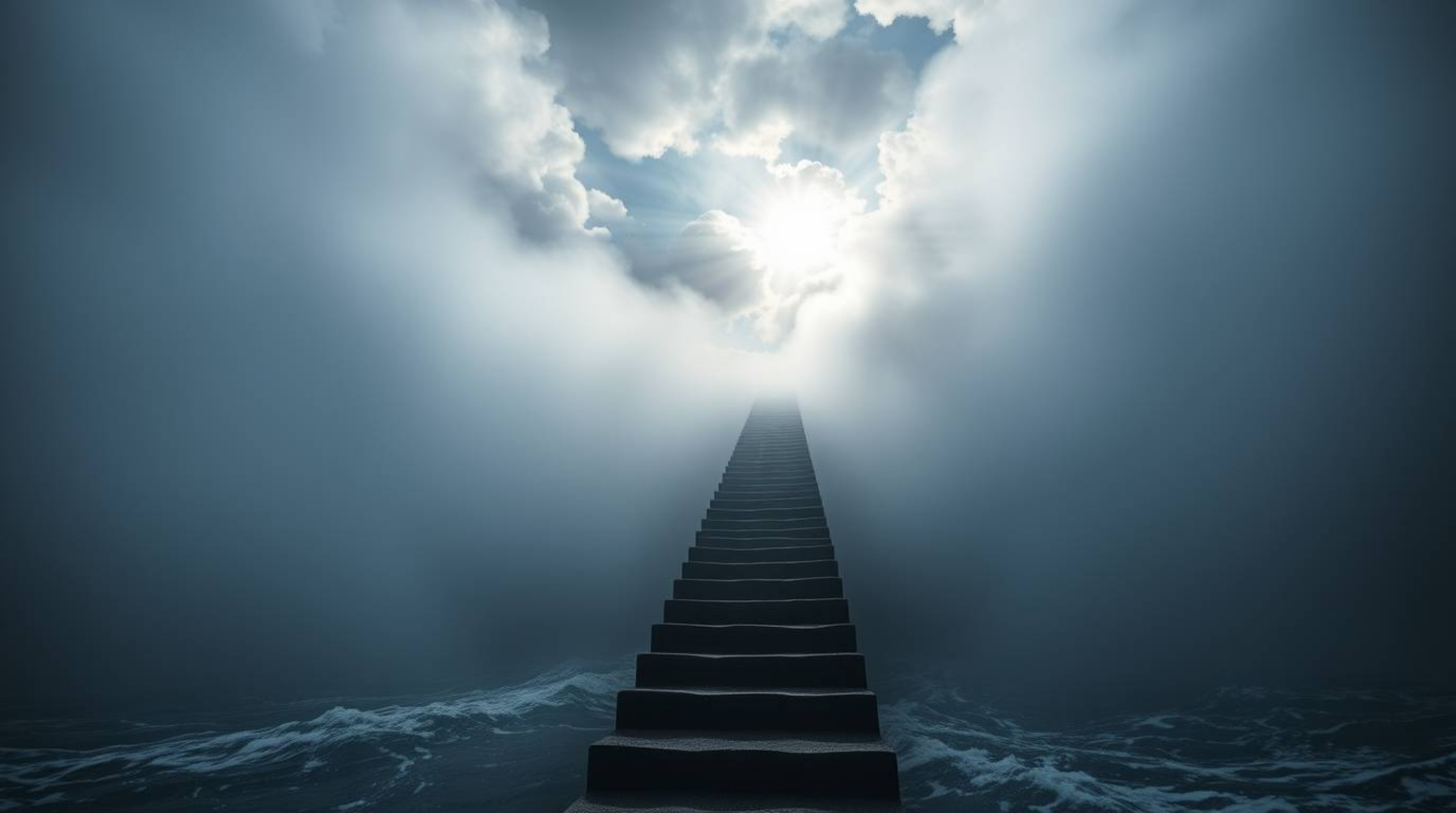 An awe-inspiring scene of a dramatic staircase rising from the ocean towards a stormy sky, illuminated by a divine sunburst. 