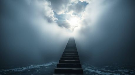 An awe-inspiring scene of a dramatic staircase rising from the ocean towards a stormy sky, illuminated by a divine sunburst. 