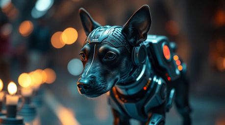 A captivating image featuring a futuristic dog, meticulously detailed with advanced technology, confidently taking a stroll i