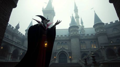 A captivating architectural color photograph showcasing a classic Disney villain casting a spell within the aged walls of an 