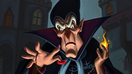 A moody acrylic painting depicts a classic Disney villain casting a spell in an old castle. The artwork features bold, dark