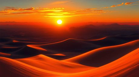 A stunning digital painting captures a vibrant sunset at the edge of a vast desert landscape. Golden dunes stretch towards th