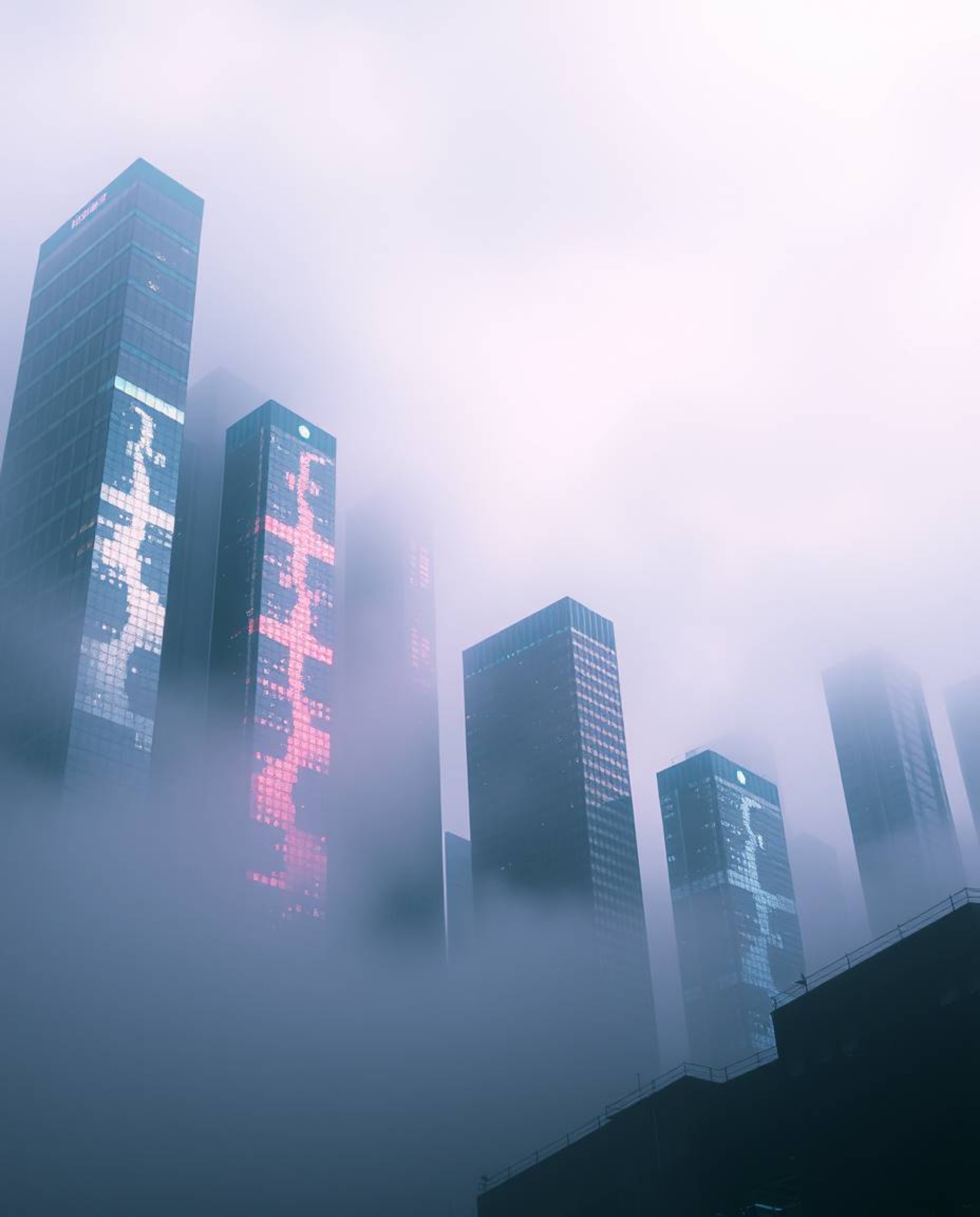 Explore a glitchy digital landscape featuring distorted skyscrapers and static noise, where low visibility prevails due to th
