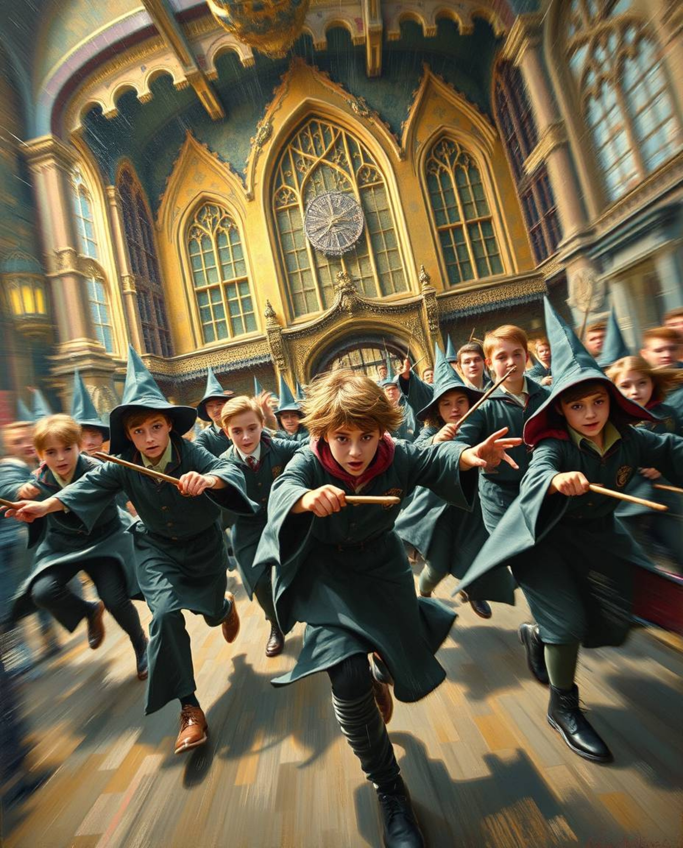 A captivating oil painting showcases a magical school brimming with young wizards in dynamic, blurred motion.  The artwork fe