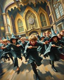 A captivating oil painting showcases a magical school brimming with young wizards in dynamic, blurred motion.  The artwork fe