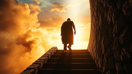 A captivating high-angle perspective image depicts a solitary figure ascending a stone staircase towards a divine beam of lig