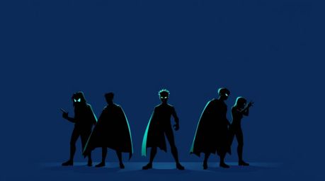 Discover a captivating illustration featuring a team of misfit heroes.  Rendered in a modern flat design style with high-cont