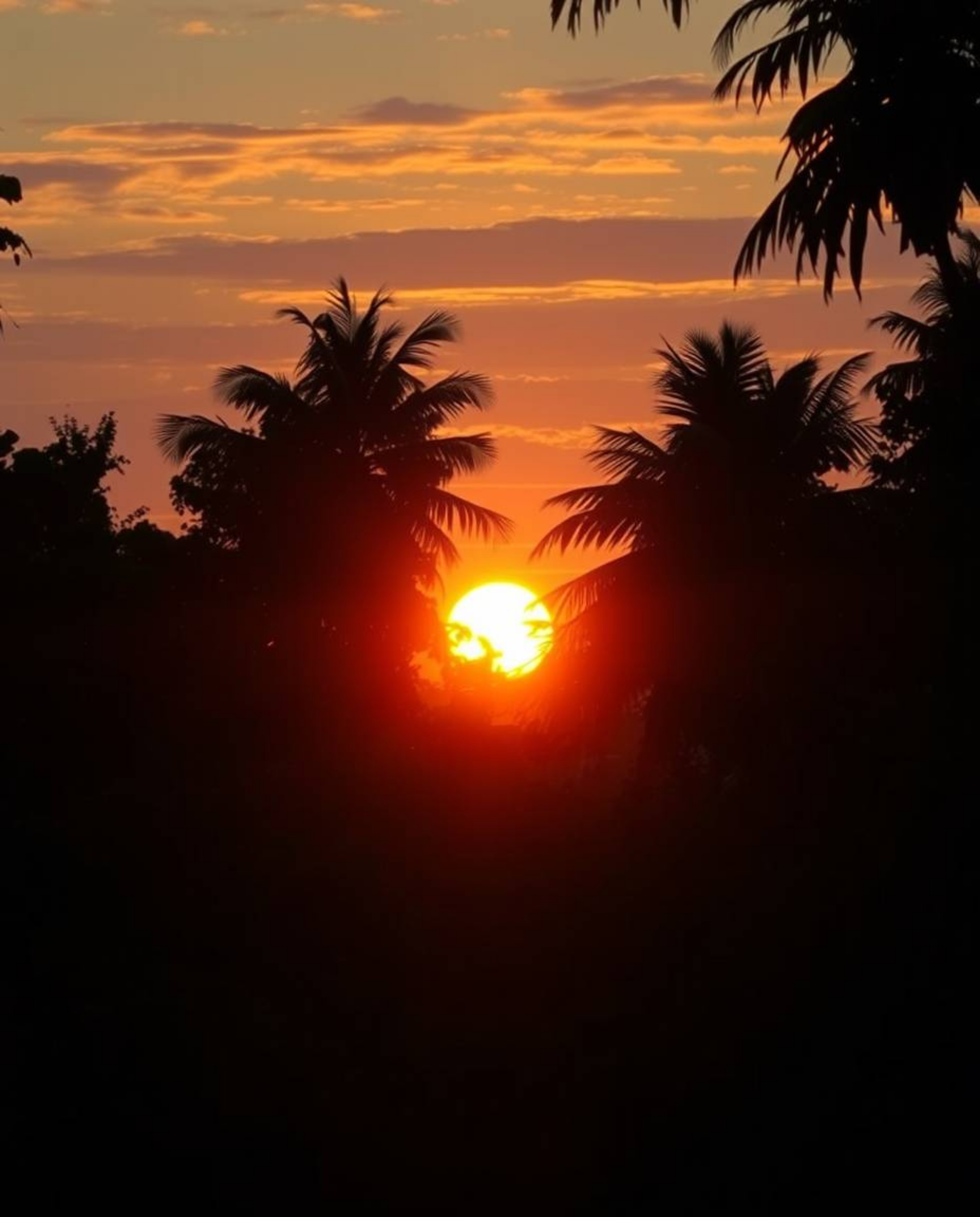 A stunning scene where both bioluminescent and iridescent colors bathe a sunset viewed through a dense jungle canopy. The atm