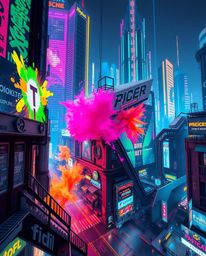 Explore a precise architectural color photograph capturing the vibrant chaos of colorful neon splashes in a futuristic cyberp