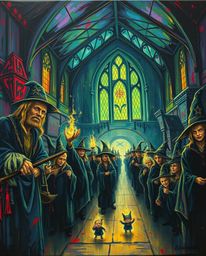 This bold acrylic painting depicts a magical school teeming with young wizards, creating an atmosphere that is both eerie and