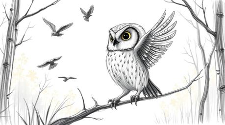 A heartwarming hand-drawn pencil sketch in the style of Pixar, depicting a blind owl gently teaching birds in flight.  The sc