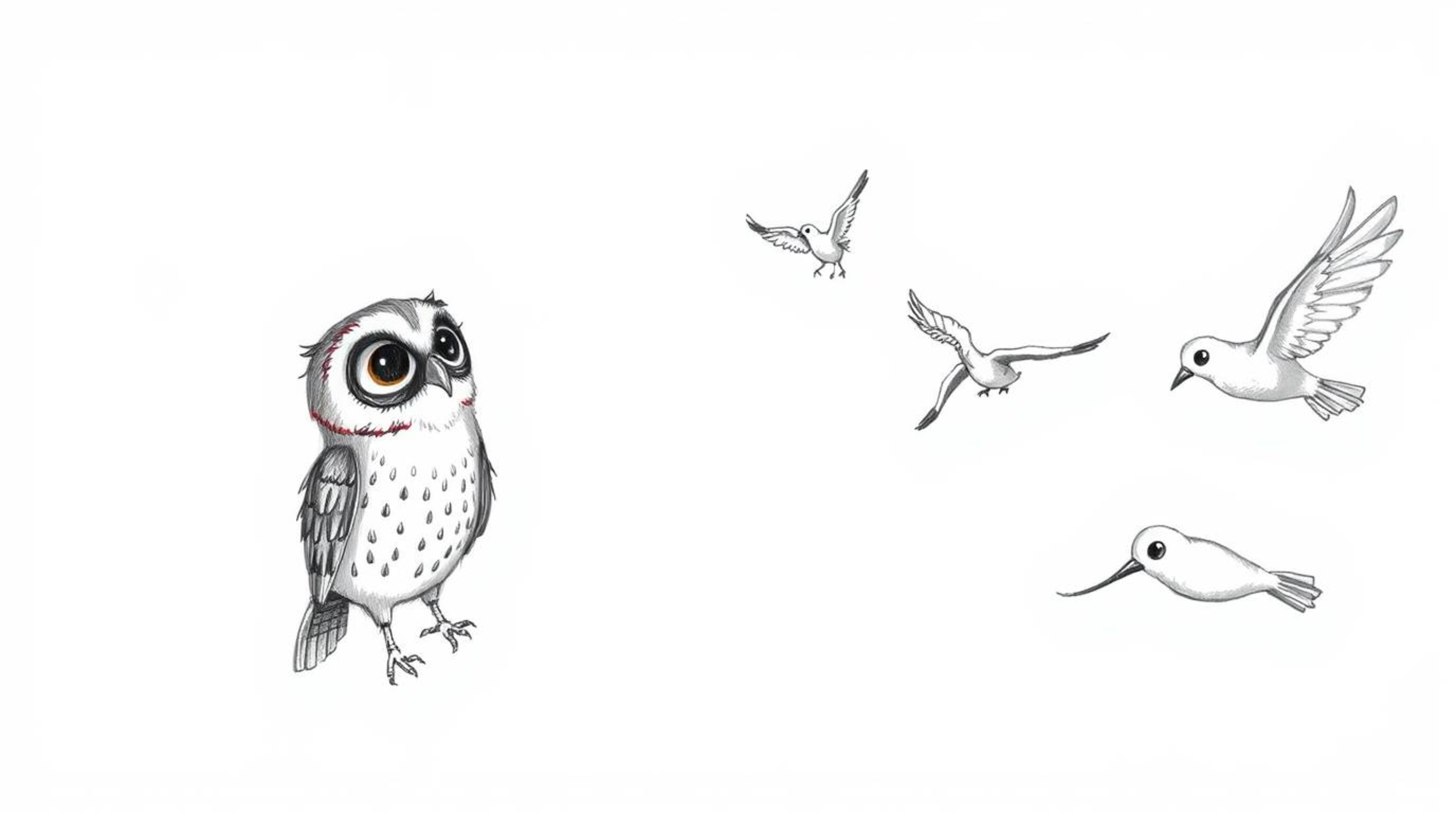 A charming hand-drawn sketch in the style of Pixar animation depicts a wise, blind owl gently instructing birds on the art of