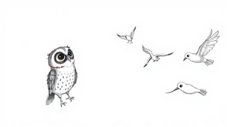 A charming hand-drawn sketch in the style of Pixar animation depicts a wise, blind owl gently instructing birds on the art of