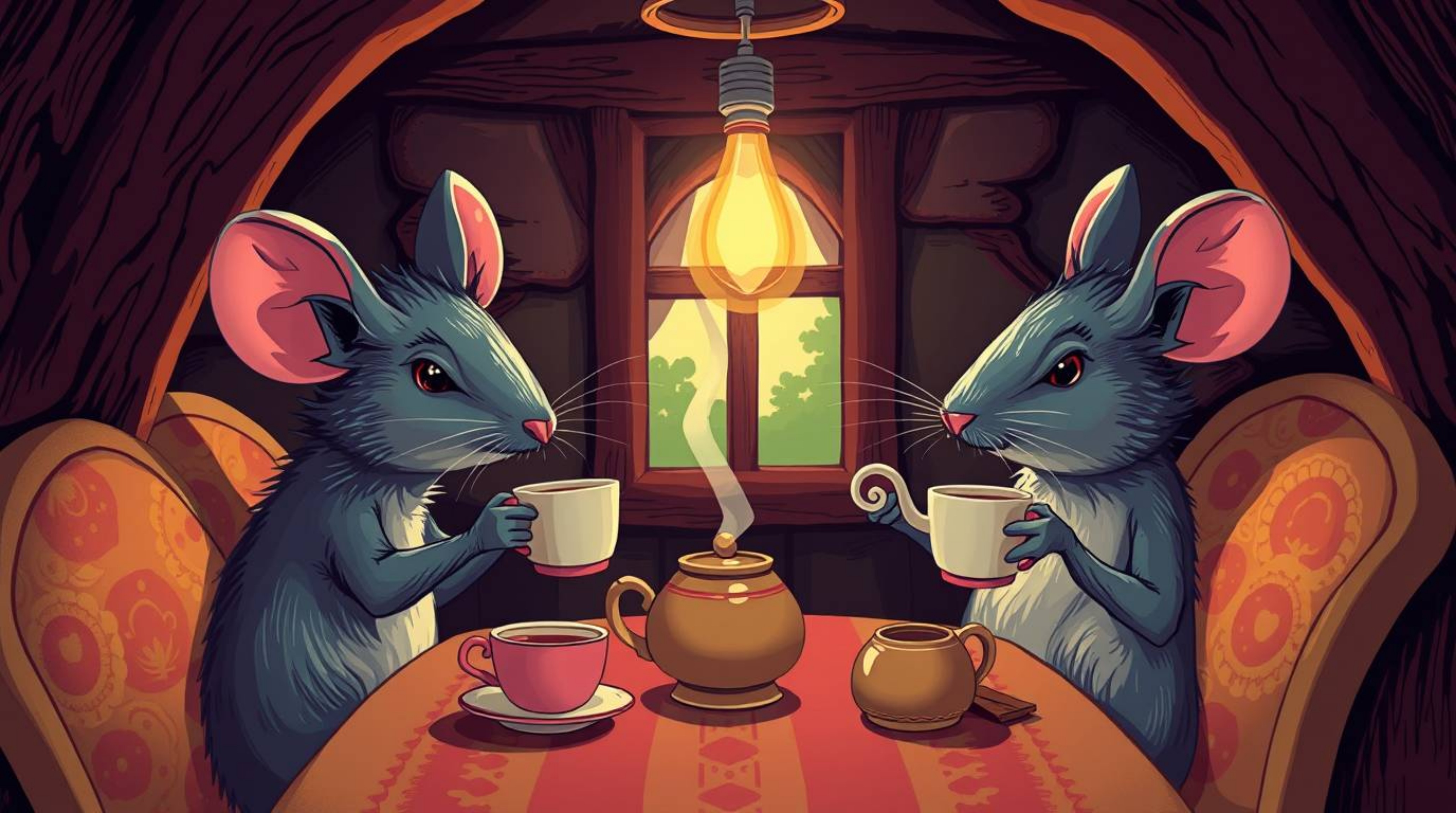 A captivating illustration showcases anthropomorphic mice enjoying a tea party within a cozy cottage. Rendered in vibrant, el