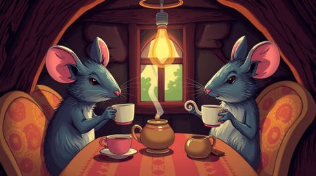 A captivating illustration showcases anthropomorphic mice enjoying a tea party within a cozy cottage. Rendered in vibrant, el