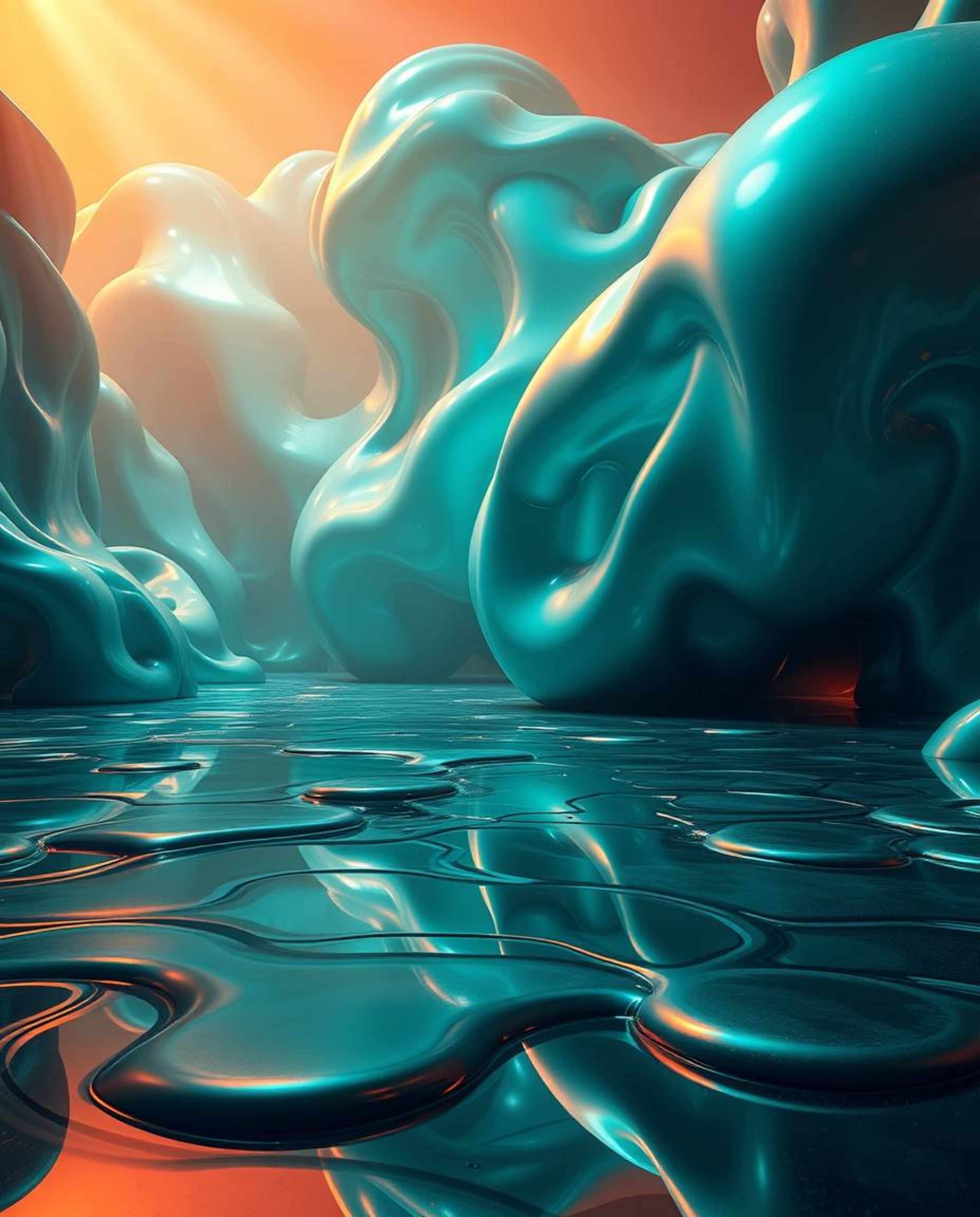 This epic scene showcases massive-scale sculptural 3D fluid shapes crafted from mercury, featuring a highly reflective surfac