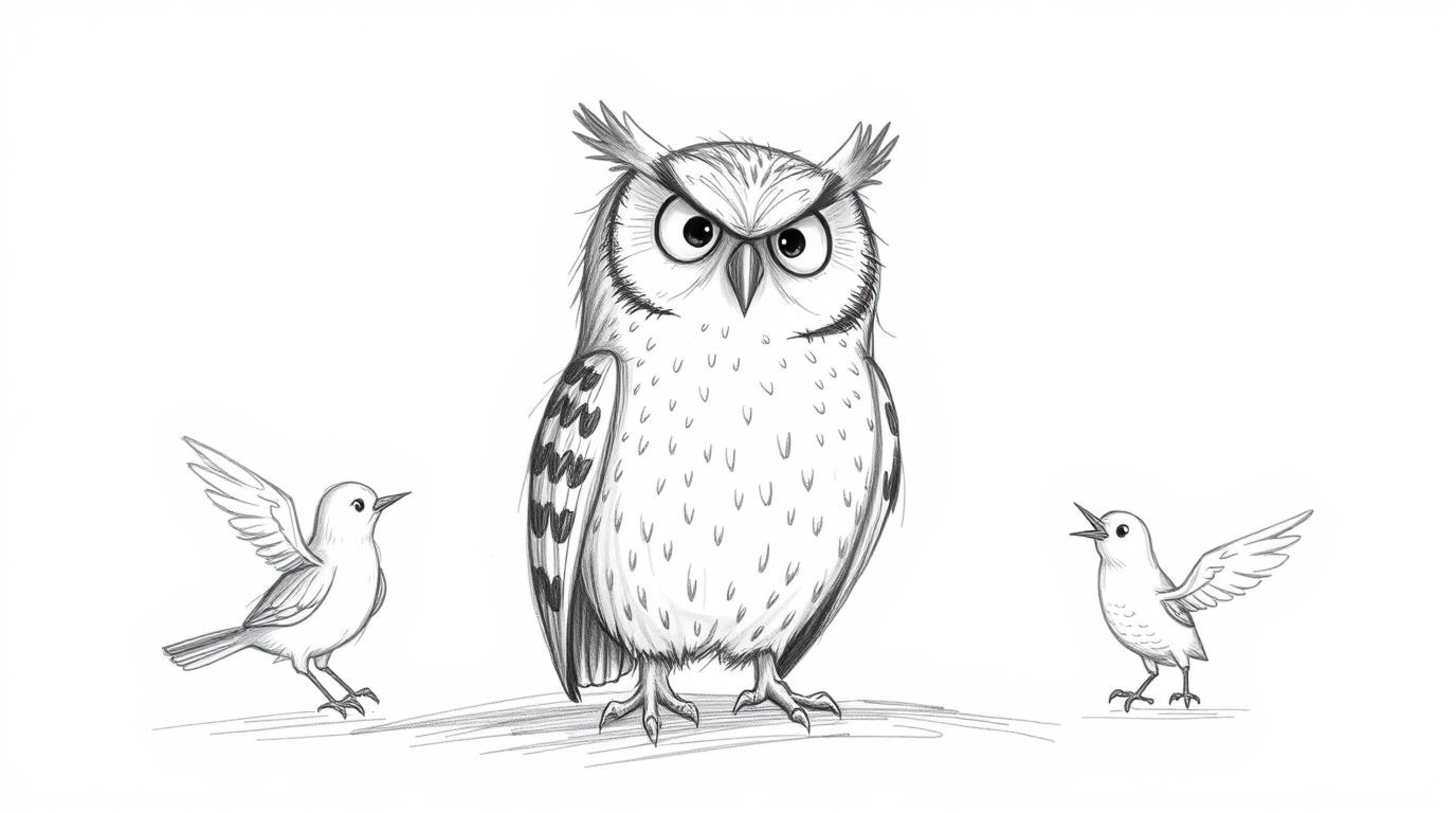 A heartwarming hand-drawn sketch in the style of Pixar depicts a blind owl gently instructing birds in flight.  The dynamic s