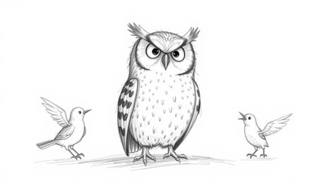 A heartwarming hand-drawn sketch in the style of Pixar depicts a blind owl gently instructing birds in flight.  The dynamic s