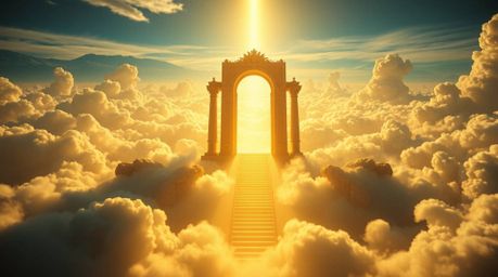 A breathtaking fantasy realism image depicts a heavenly gate floating above the clouds, with stairs leading upwards and golde