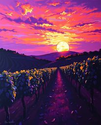 This classic oil painting depicts a dramatic sunset over a vineyard, distinguished by its use of deep ultraviolet hues and vi