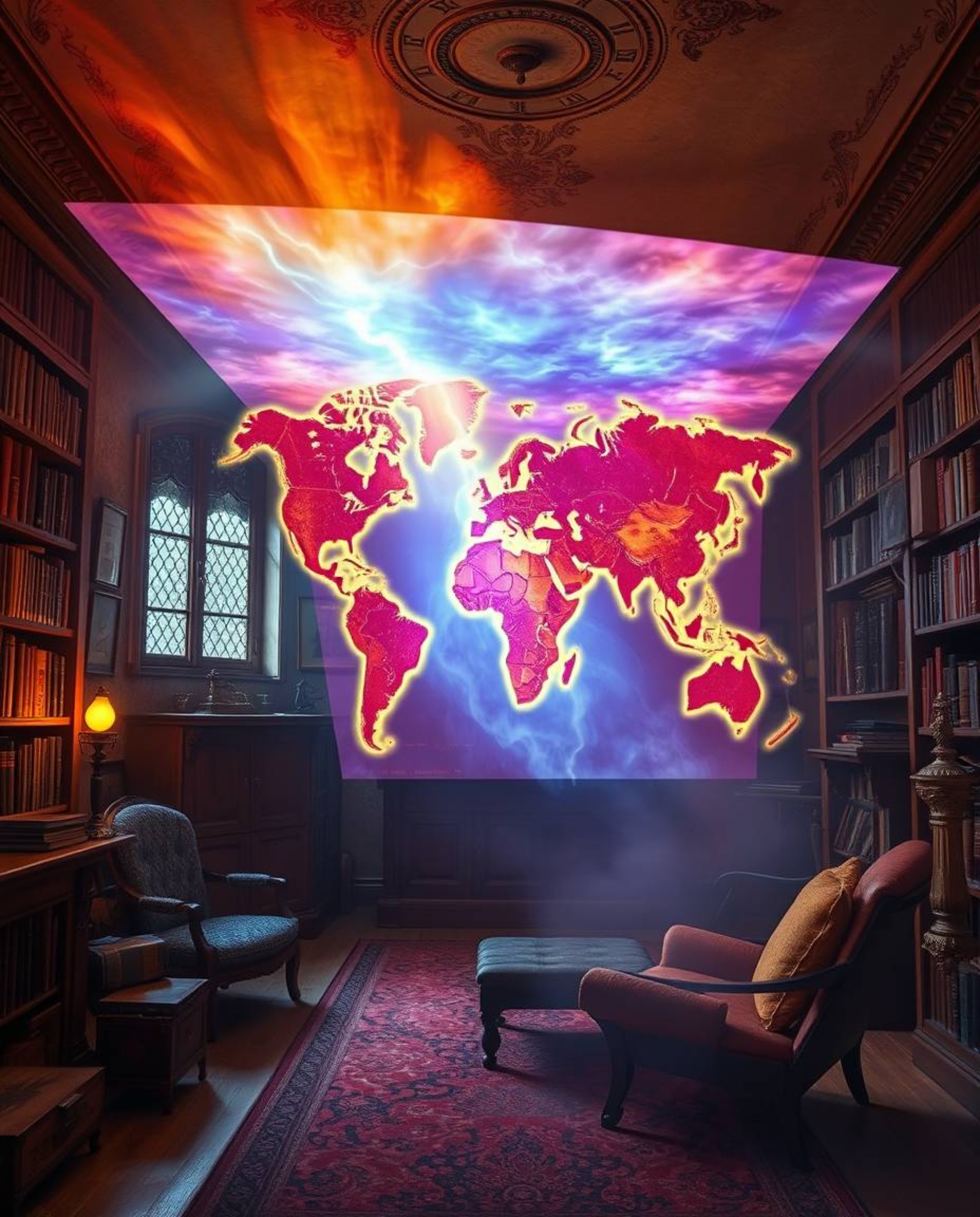 Experience a dreamlike and surreal image featuring a glowing map projected in the air within the confines of an old study. Th