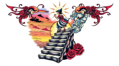 This art print features a symbolic traditional tattoo design against a white background, boasting vibrant colors and a retro 