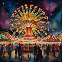 A vibrant ink and watercolor painting capturing the energy and excitement of a bustling carnival.  The artwork is full of bri