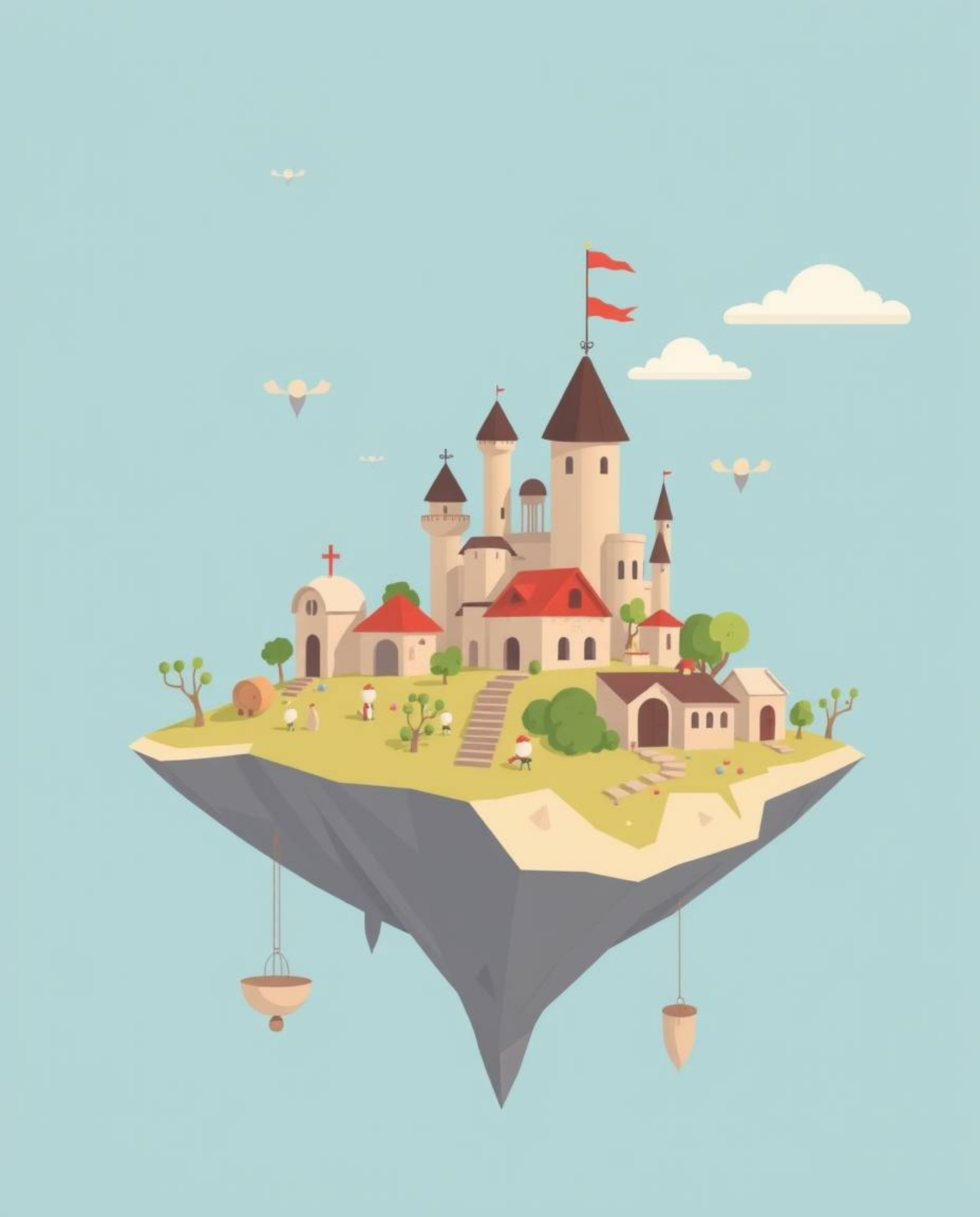 This surreal floating island features strange and captivating architecture, rendered in a modern flat design. The composition
