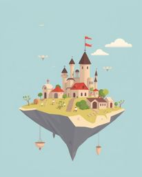 This surreal floating island features strange and captivating architecture, rendered in a modern flat design. The composition