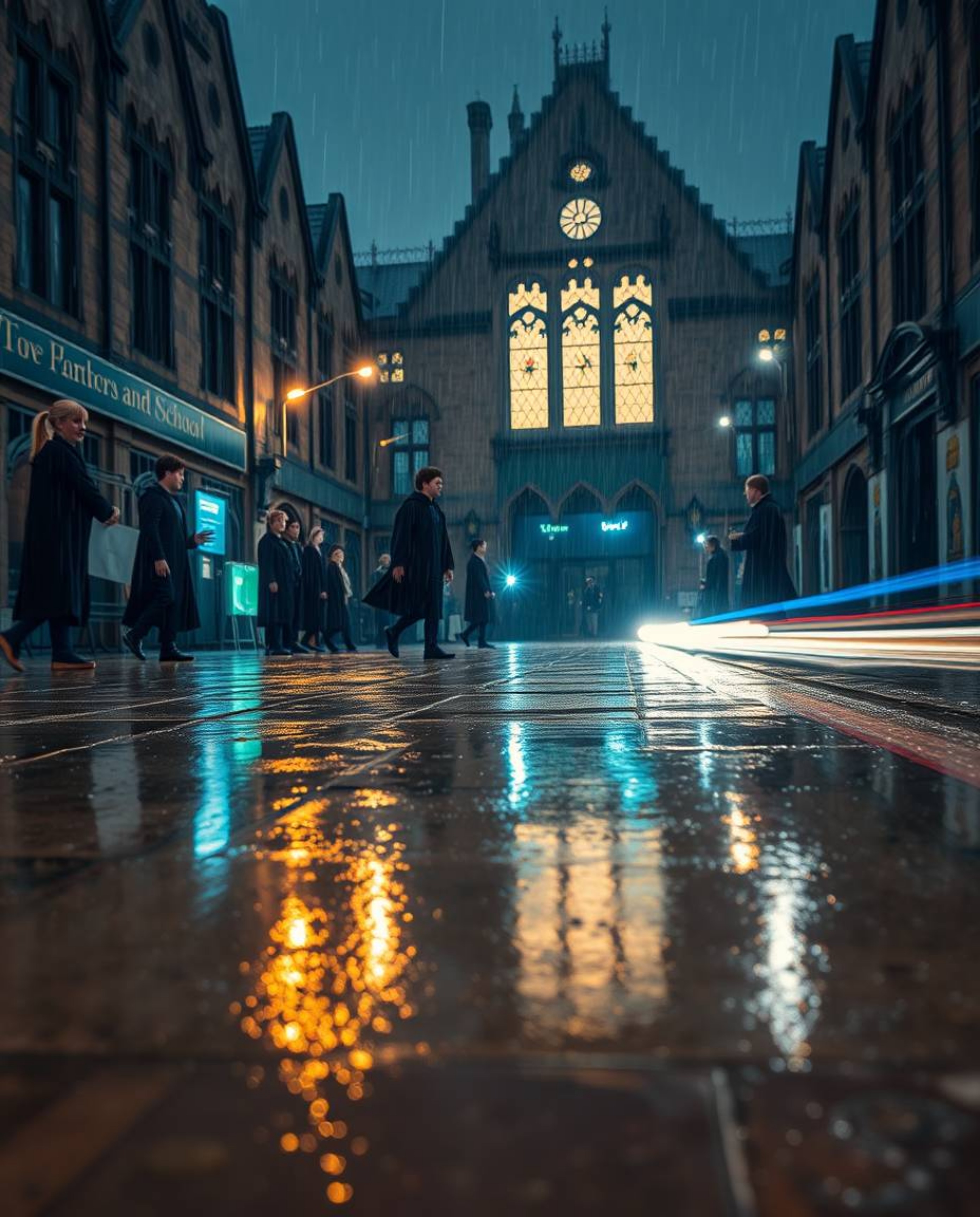 Capture the enchanting magic of a wizarding school on a rainy night with this stunning long exposure photograph.  Witness the