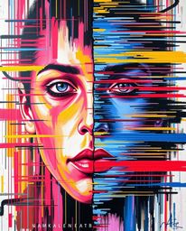 A bold acrylic painting showcases a striking digital glitch effect.  The artwork dramatically transforms a human face into a 