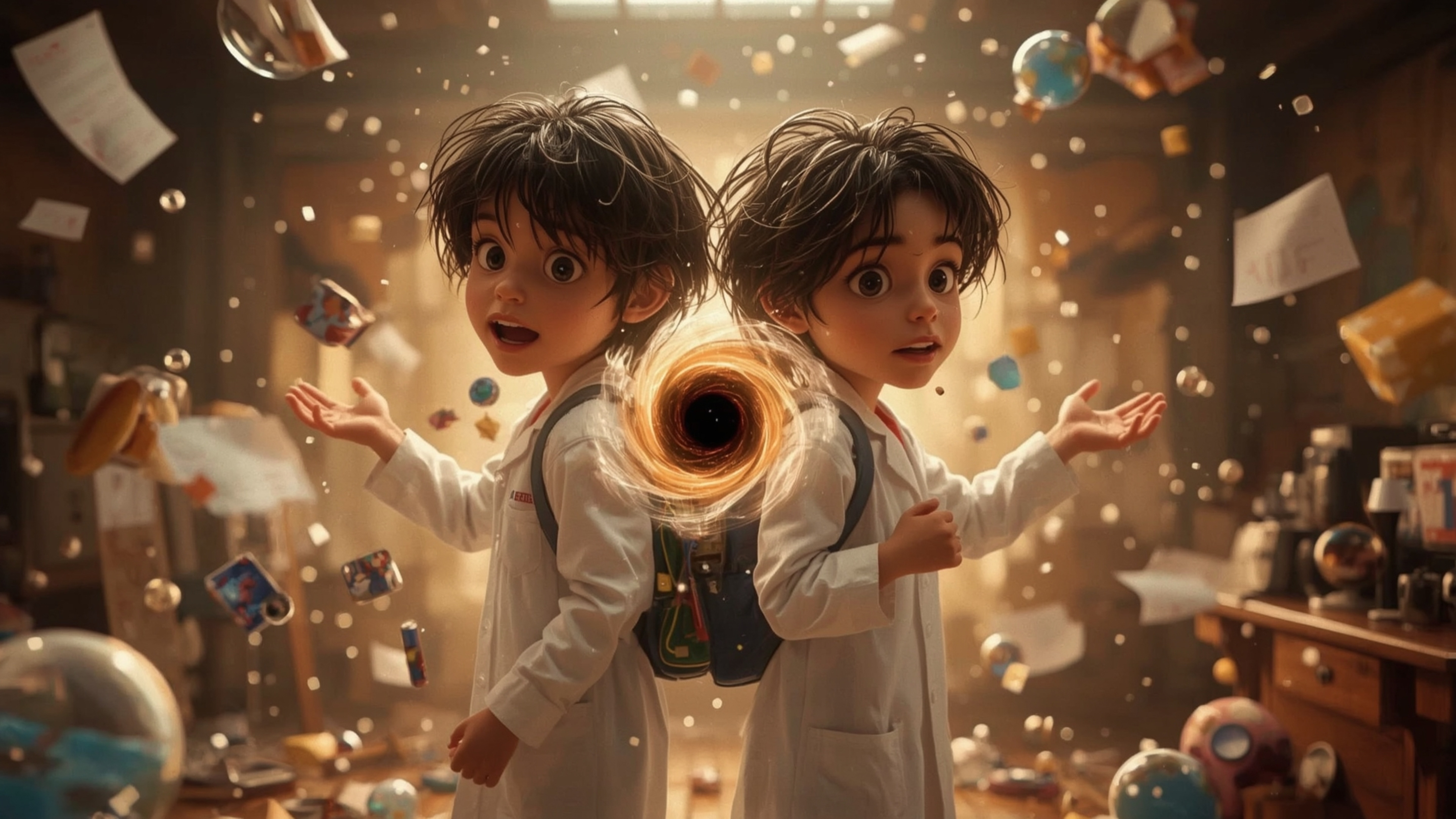 In a vibrant, cinematic photograph rendered in a hyper-realistic, Pixar-inspired style, a dynamic science fair duo unwittingl