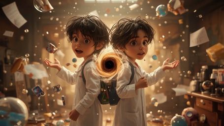 In a vibrant, cinematic photograph rendered in a hyper-realistic, Pixar-inspired style, a dynamic science fair duo unwittingl