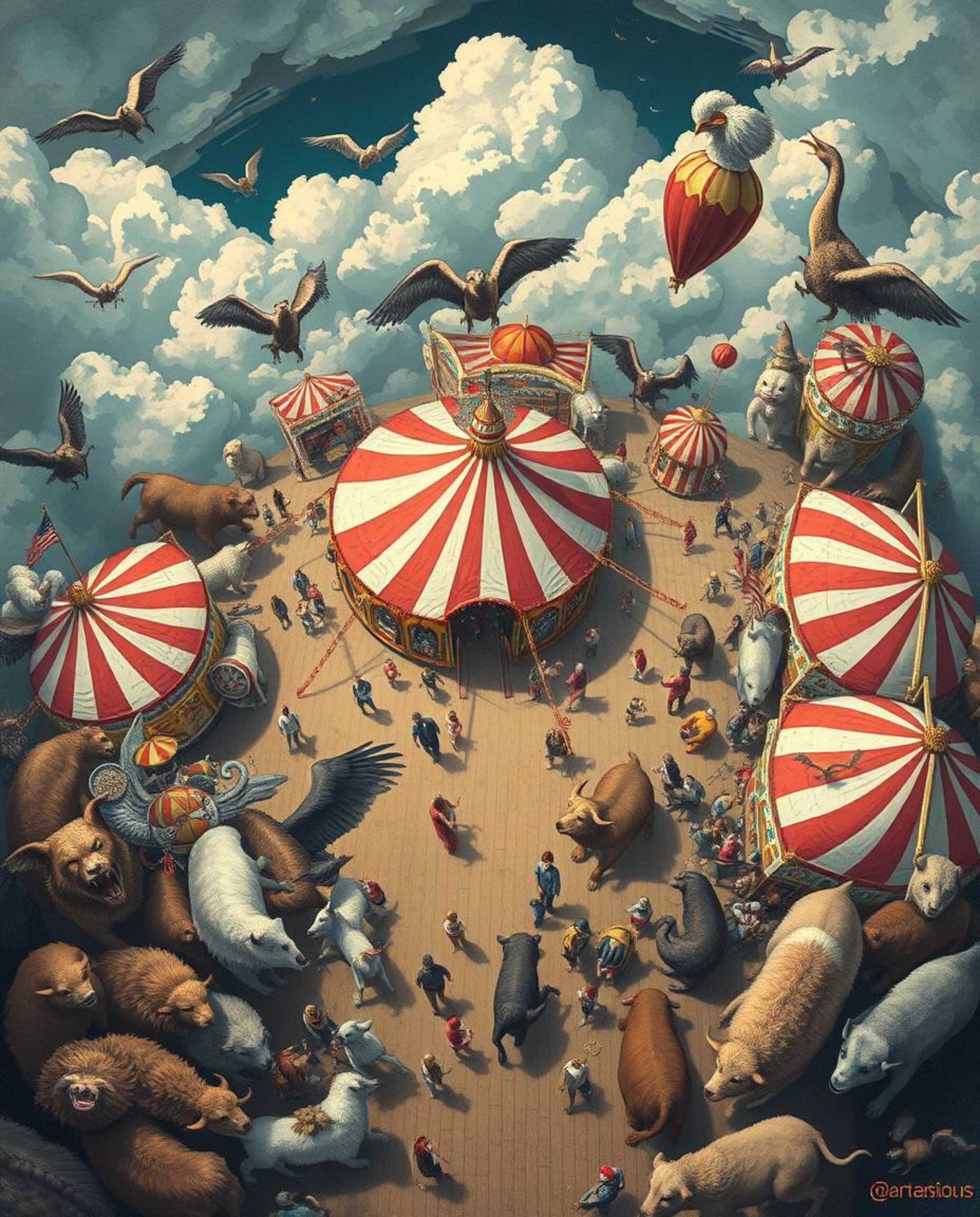 This is a dreamlike, surreal overhead bird's-eye view illustration depicting a carnival overtaken by wild animals.  The artwo