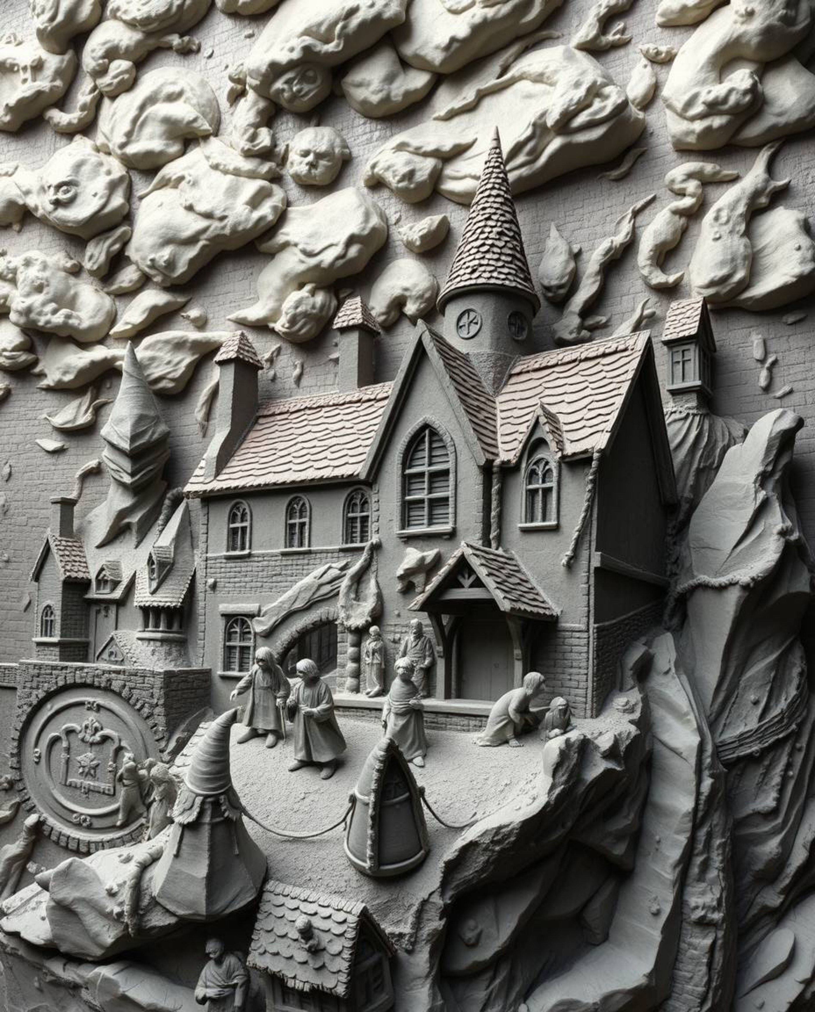 A captivating clay sculpture depicts a magical school brimming with young wizards, set against a dramatic backdrop of stormy 